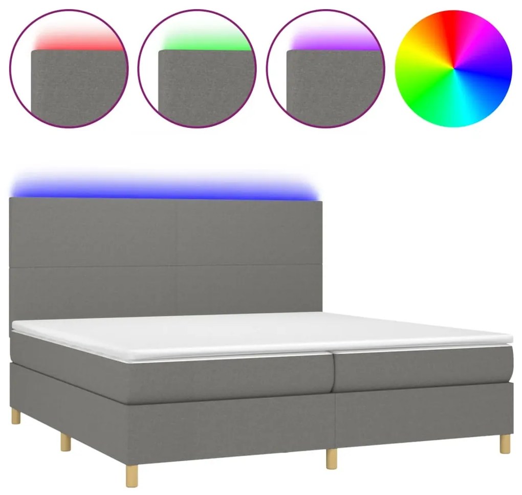 Letto a molle materasso e led grigio scuro 200x200cm in tessuto