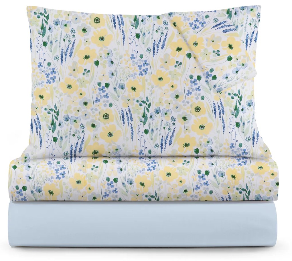 Completo letto matrimoniale azzurro fiori gialli cotone