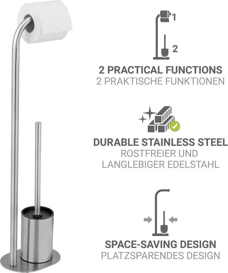 Porta carta igienica color argento opaco in acciaio inox con supporto con spazzola Levante – Wenko