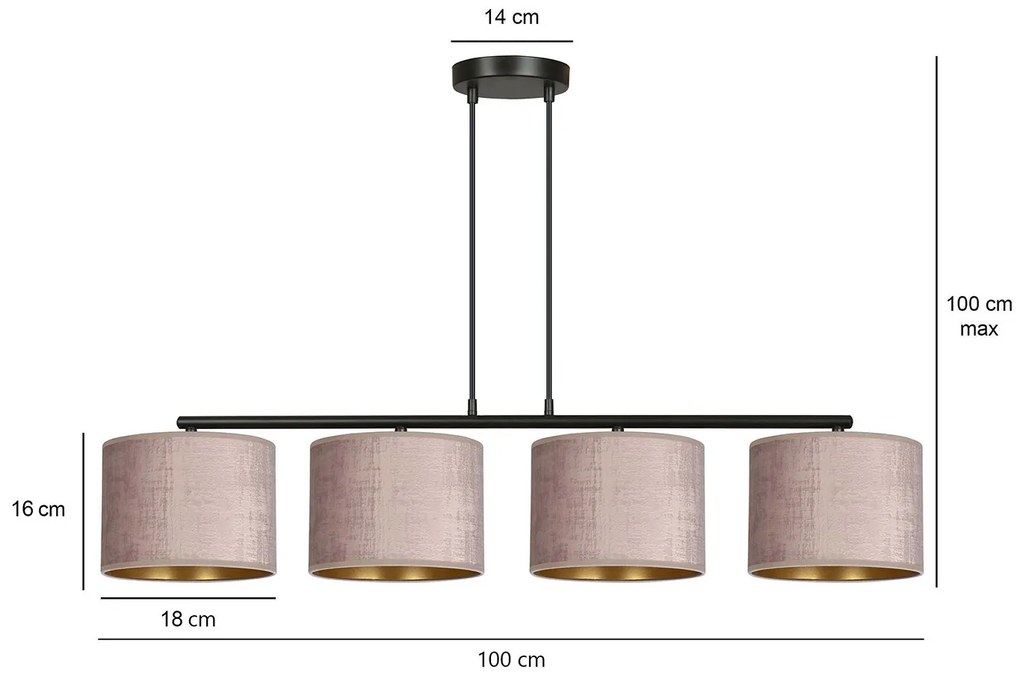 Lampadario 4 Luci Ganesha In Acciaio Nero E Paralumi In Tessuto Rosa