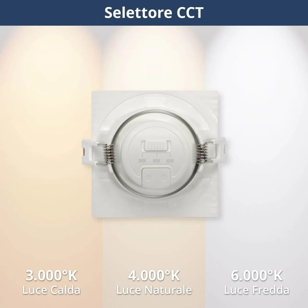 Faro Incasso Quadrato 7W CCT Ø70mm 38° Orient. Dimmerabile Colore Bianco Variabile CCT