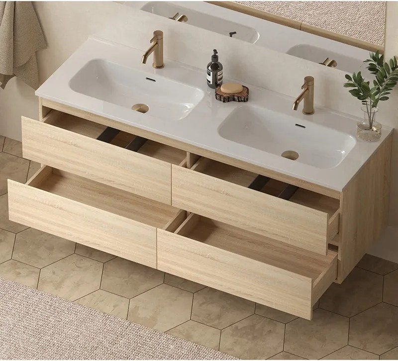 Mobile bagno 140 cm 4 cassetti doppio lavabo legno chiaro | KAM-HR140C - KAMALU