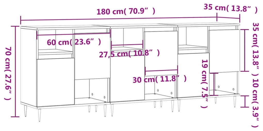 Credenze 3 pz Grigio Sonoma in Legno Multistrato