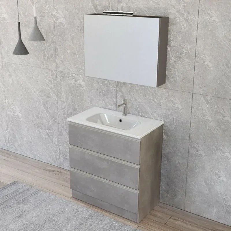 Mobile bagno a terra 80 cm Master grigio con lavabo e specchio contenitore
