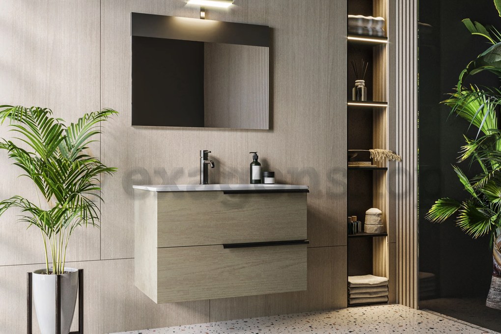 Mobile bagno stone 80x47 Elisa due cassetti con lavabo e Specchio A Filo con Lampada