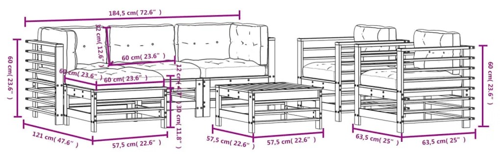 Set Divani da Giardino 7 pz con Cuscini in Legno Massello Nero