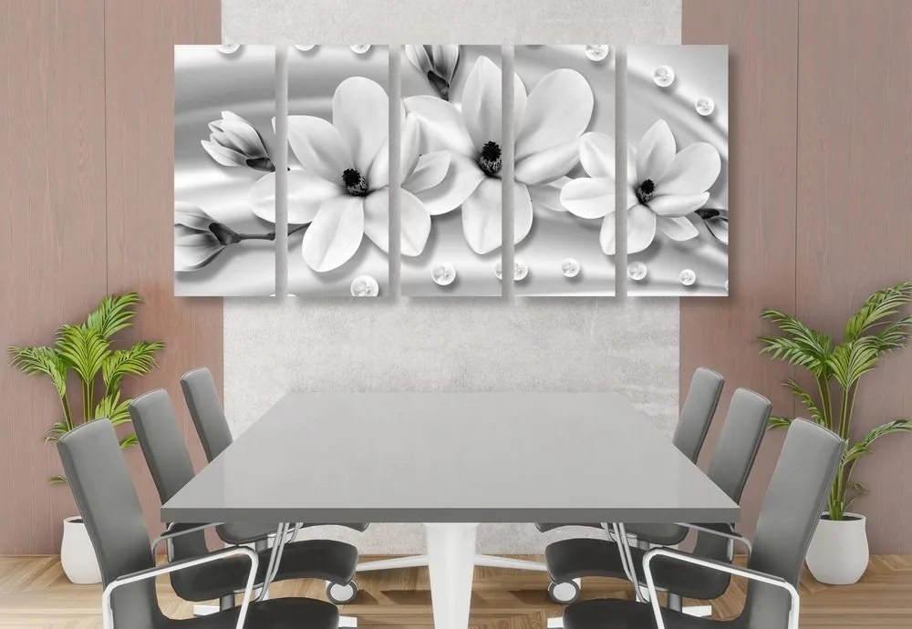 Quadri 5 pezzi – Magnolia di lusso con perle in bianco e nero