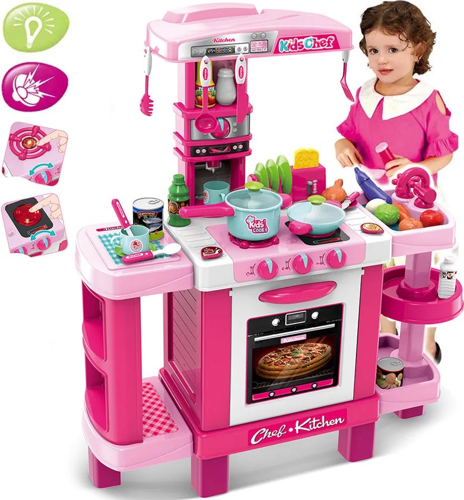 Cucina Giocattolo Bambini con Luci e Suoni 34 Accessori Gioco 87x78x29cm Rosa...