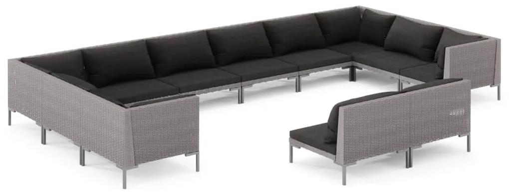 Set divani da giardino 12pz con cuscini polyrattan grigio scuro