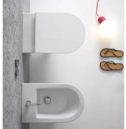 Coppia Sanitari Sospesi Vaso senza brida Bidet e Sedile rallentato Bianco Opaco Ceramica Globo Forty3