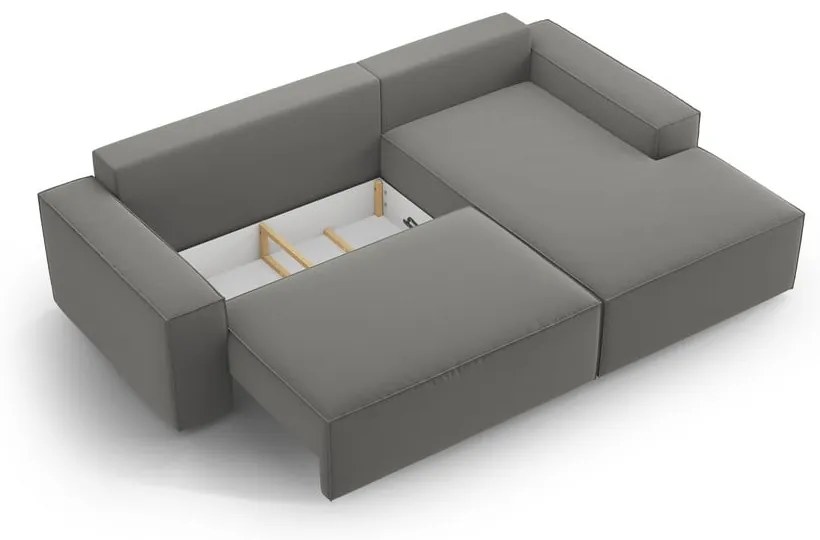 Divano angolare grigio chiaro allungabile/con contenitore (con penisola a destra/con chaise lounge) con rivestimento in velluto Jodie – Micadoni