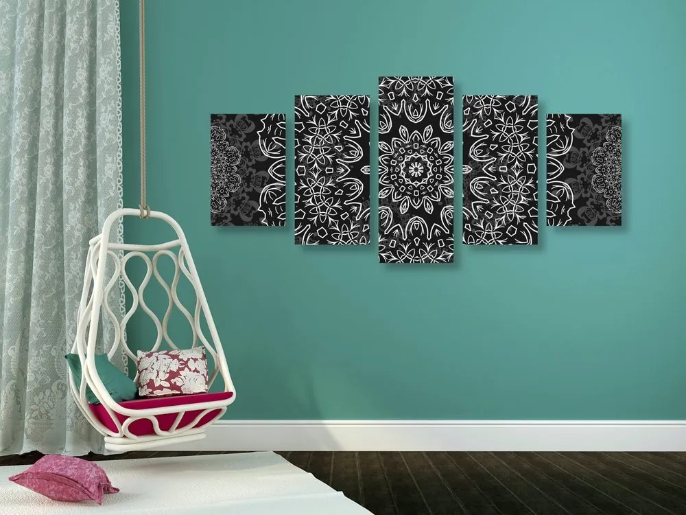 Quadri 5 pezzi – Mandala con motivo astratto in bianco e nero