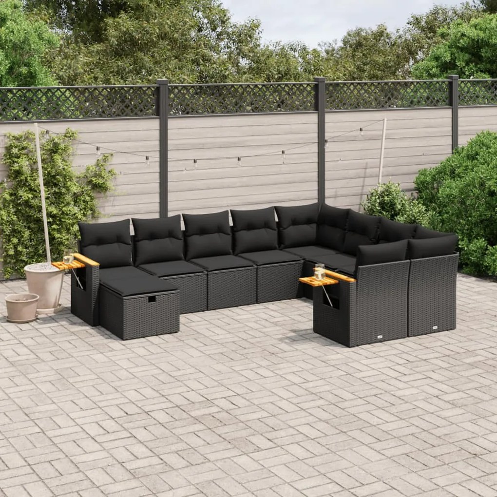 Set divani da giardino 10pz con cuscini in polyrattan nero