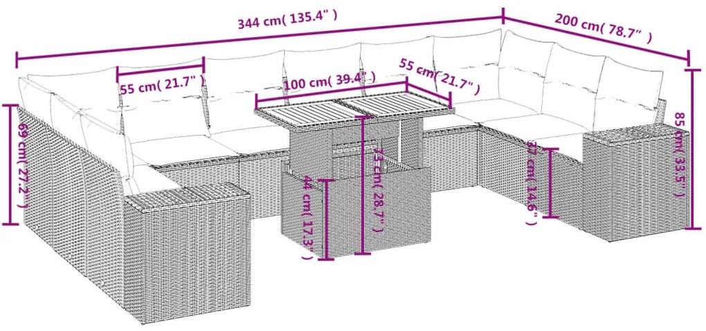 Set divani da giardino 11 pz con cuscini in polyrattan grigio