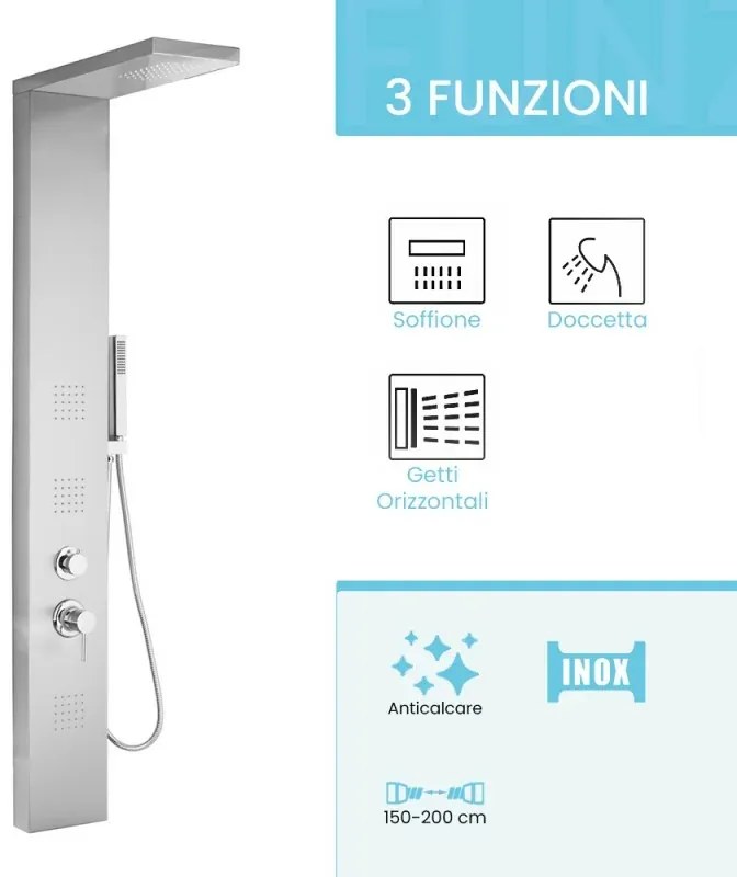 Colonna doccia satinata multi getto con 3 funzioni in acciaio inox