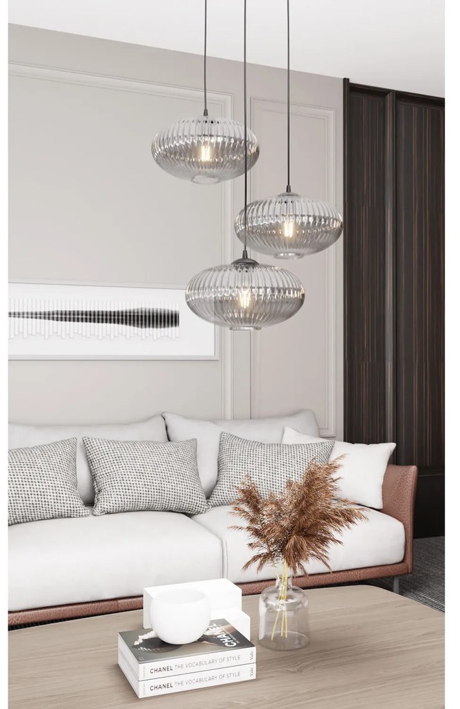 Lampadario 3 Luci Iris Base Tonda In Acciaio Nero Paralume Plissettato Fumè