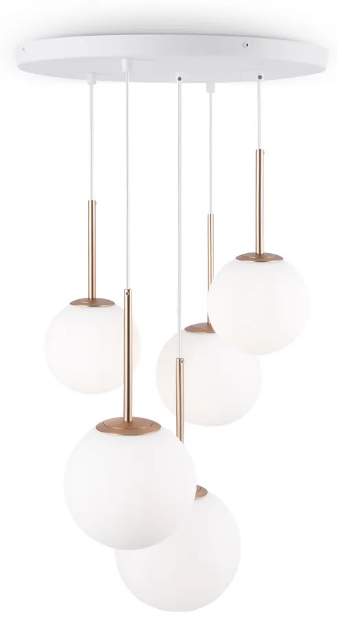 Lampadario Minimal Basic Form In Metallo Bianco E Oro 5 Luci E Diffusori Vetro