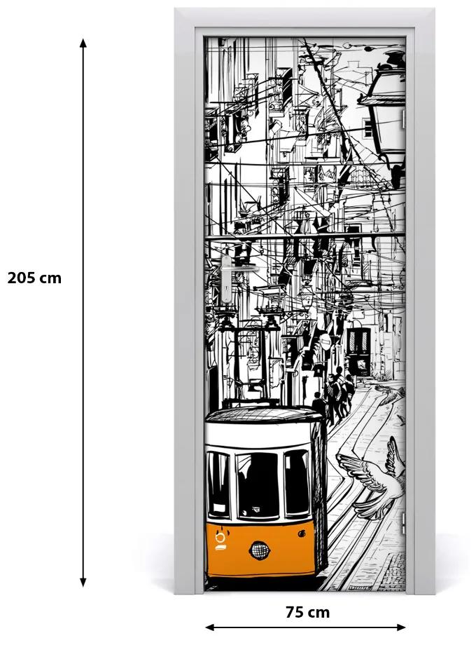 Poster adesivo per porta Tram a Lisbona 75x205 cm
