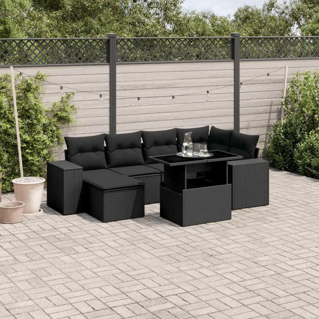 Set divani da giardino con cuscini 7pz nero polyrattan