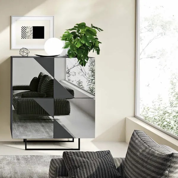 Madia credenza 4 ante in vetro specchio Fum cassa Antracite ARTE 120 con piedini sagomati