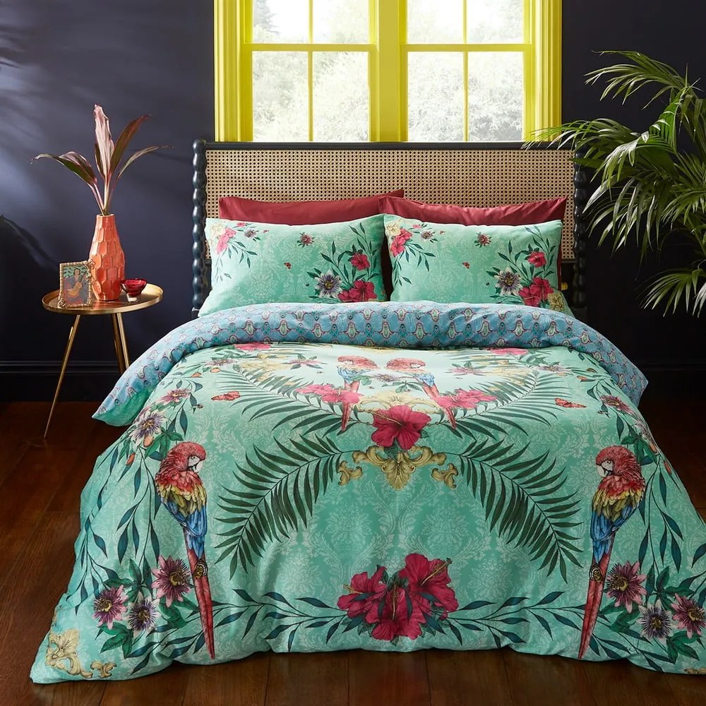 Set copripiumino e federa verde e blu in raso di cotone per letto matrimoniale e per letto esteso 230x220 cm Paradise Parrot – Matthew Williamson
