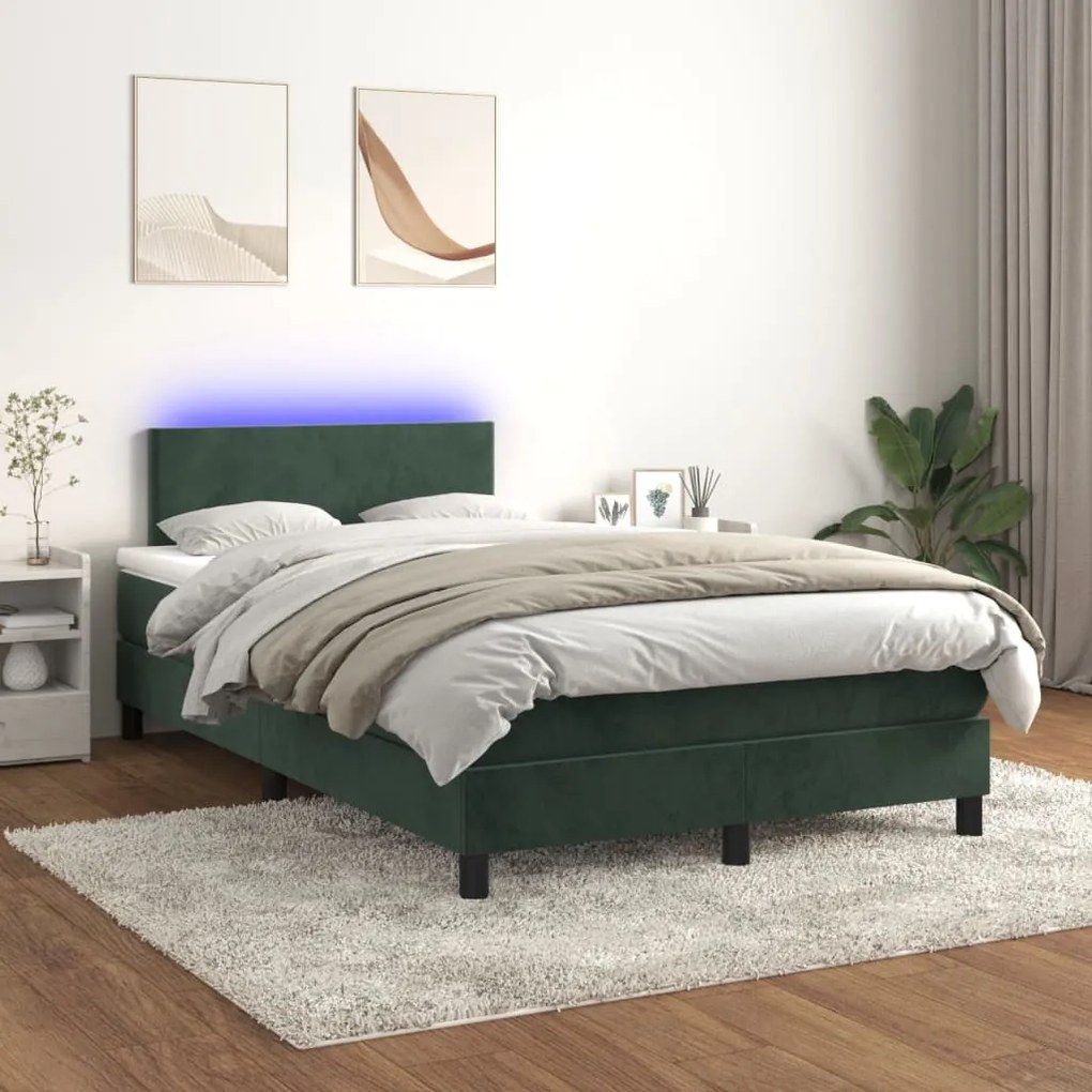 Letto a molle con materasso e led verde scuro 120x200cm velluto