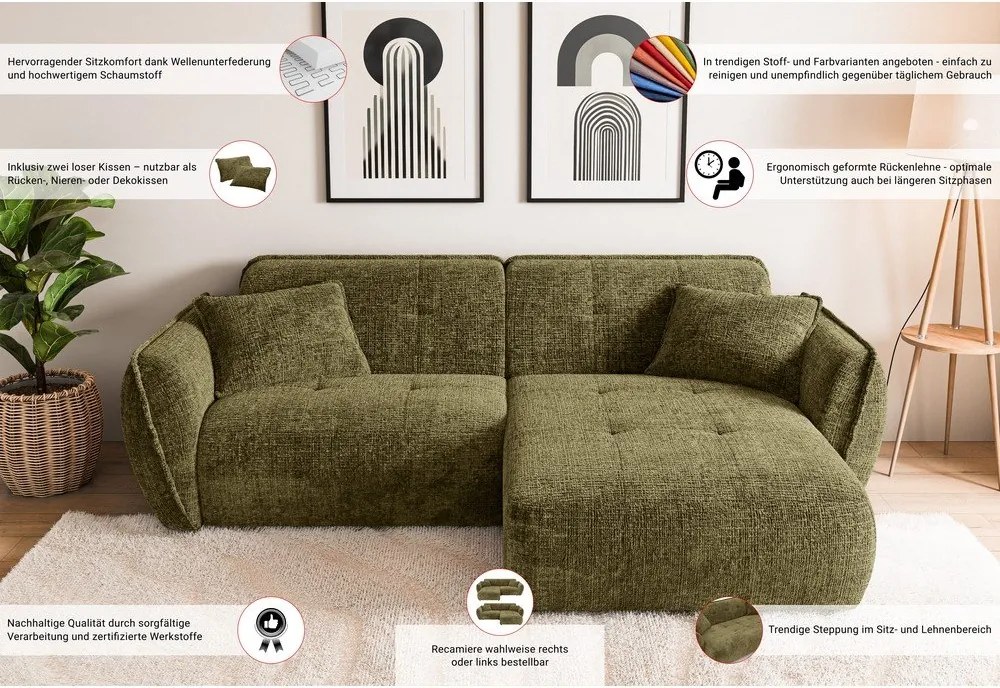 Divano angolare verde (con penisola a destra/con chaise lounge) con rivestimento in ciniglia Nelia – Ropez