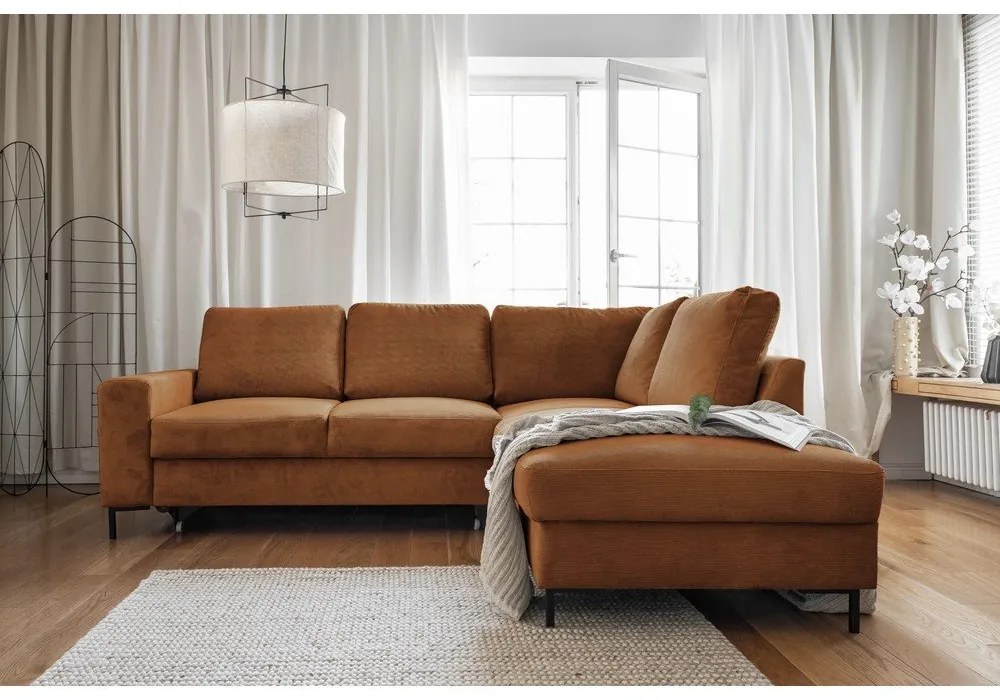 Divano letto in velluto a coste arancio-marrone (angolo destro) Lofty Lilly - Miuform