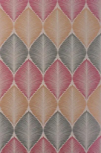 Osborne & Little Carta da parati Leaf Fall - Metallic Cranberry/ Cacao/ Mandarin
