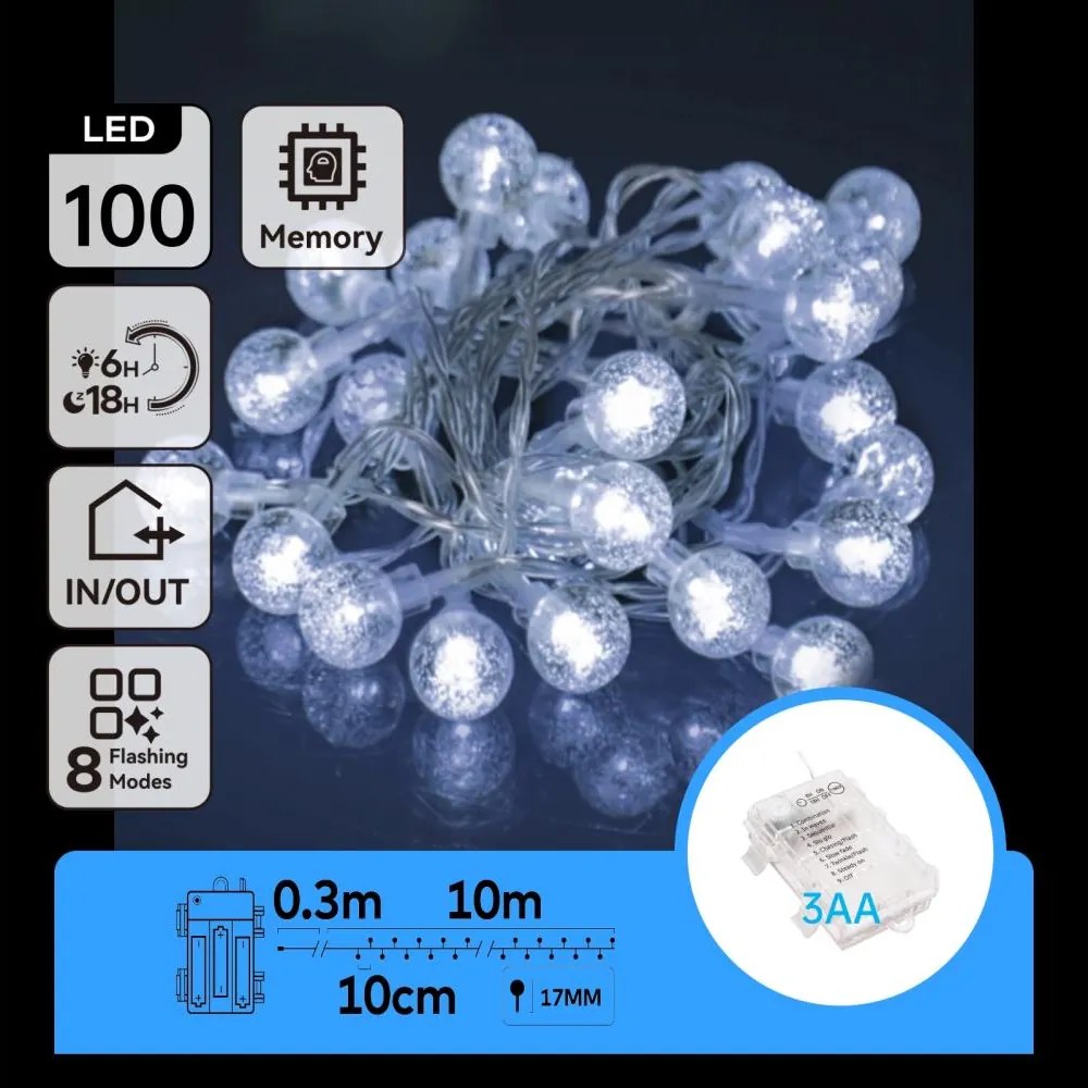 Aigostar - Catena luminosa LED per esterni 100xLED/3xAA/8 funzioni 10,3 m IP44 bianco freddo