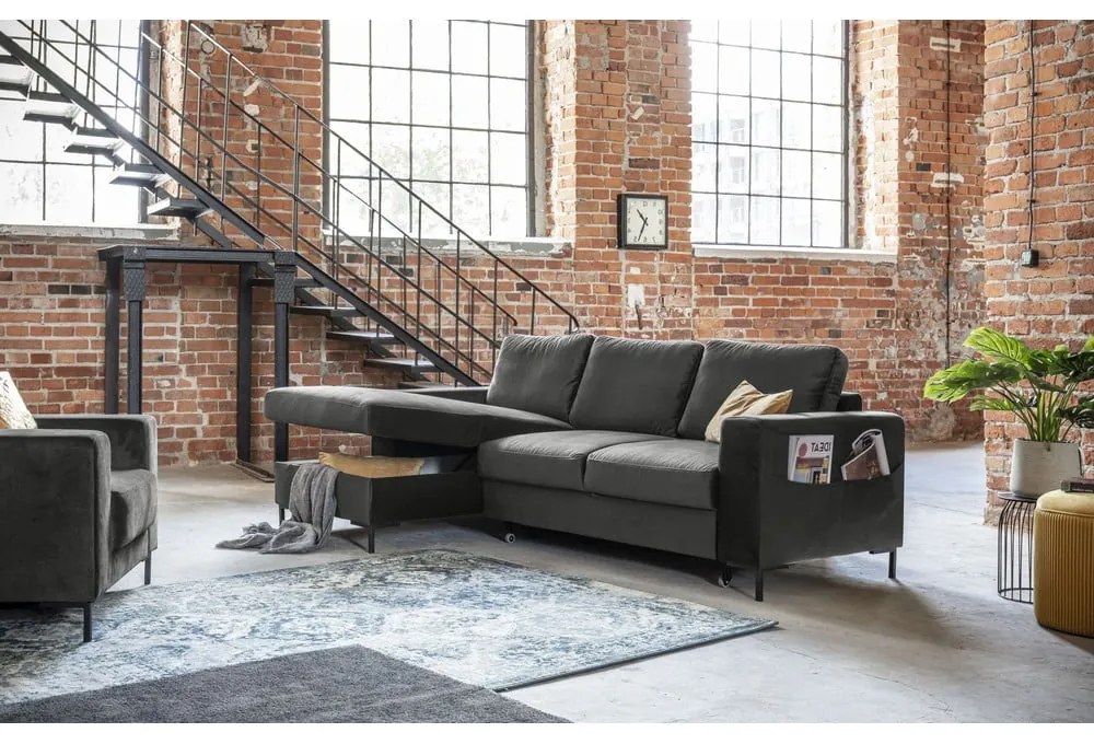 Divano letto angolare in velluto grigio scuro, angolo sinistro Lofty Lilly - Miuform