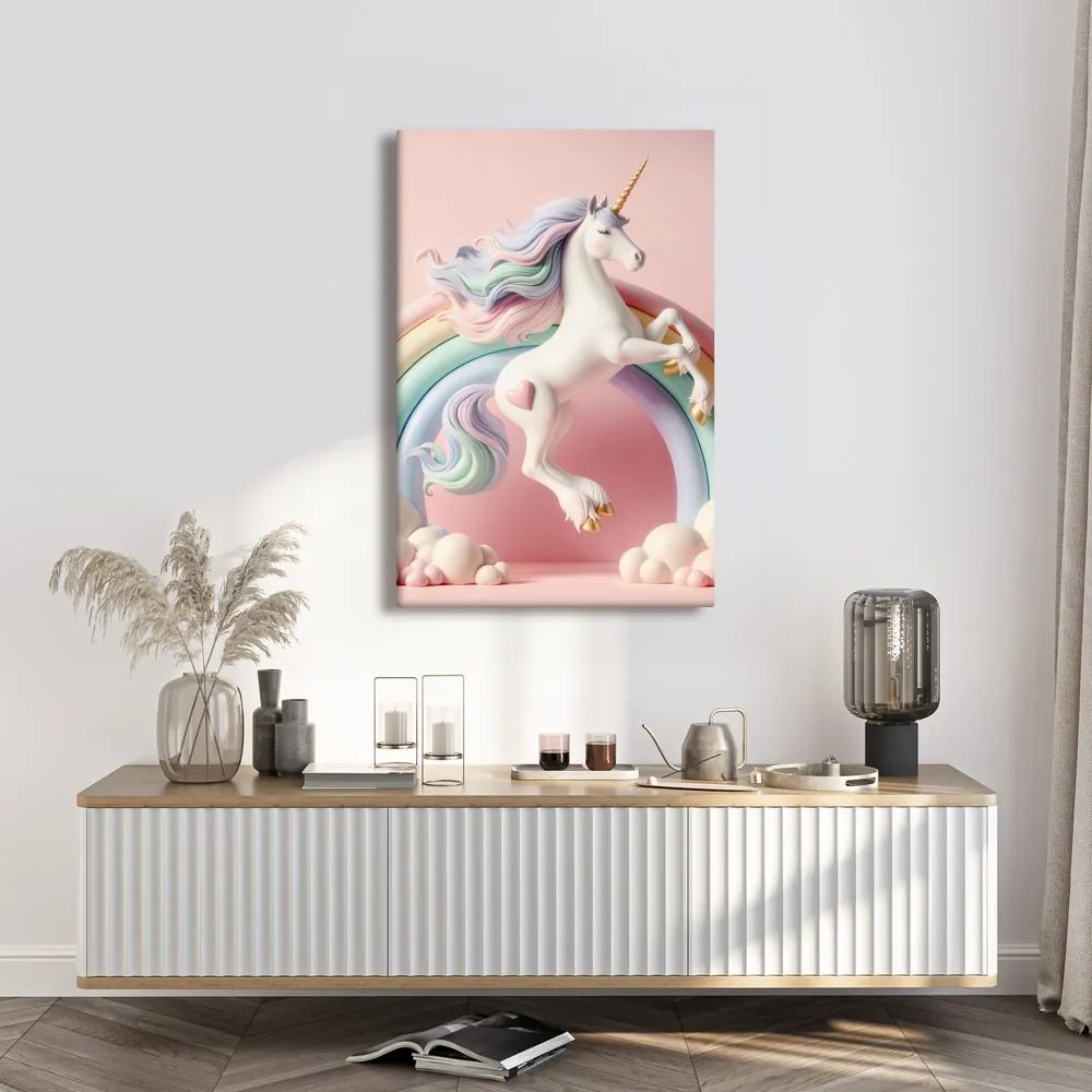 Quadro su tela – Mondo rosa con unicorno e arcobaleno