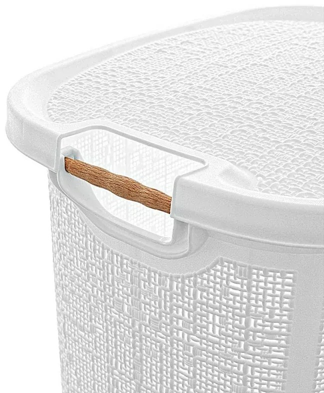 Cesto portabiancheria in plastica bianca con manici in legno capienza 60 lt