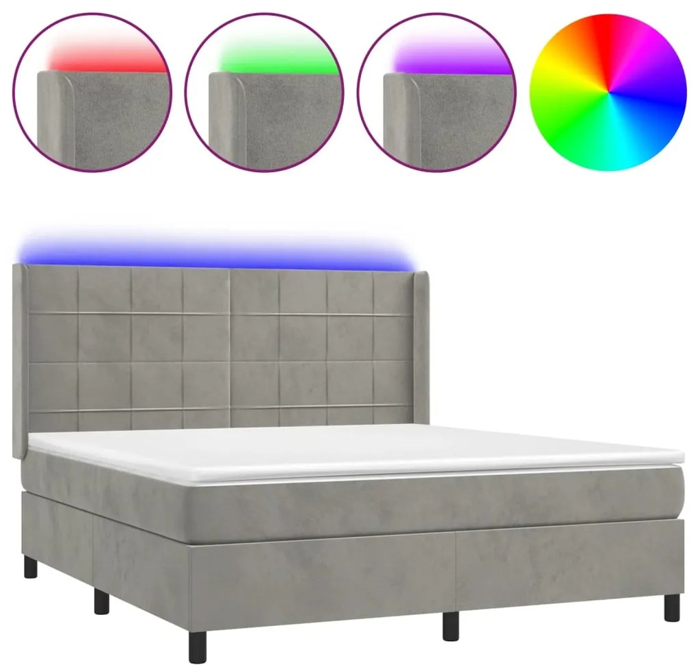 Letto a Molle Materasso e LED Grigio Chiaro 180x200 cm Velluto