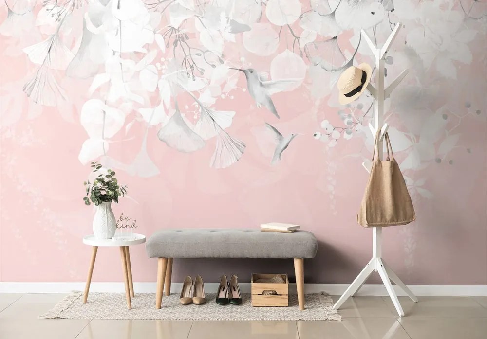Carta da parati – Foglie con Colibrì in Rosa-Grigio