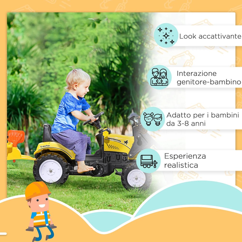 Escavatore A Pedali per Bambini con Ruspa e Rimorchio Giallo...
