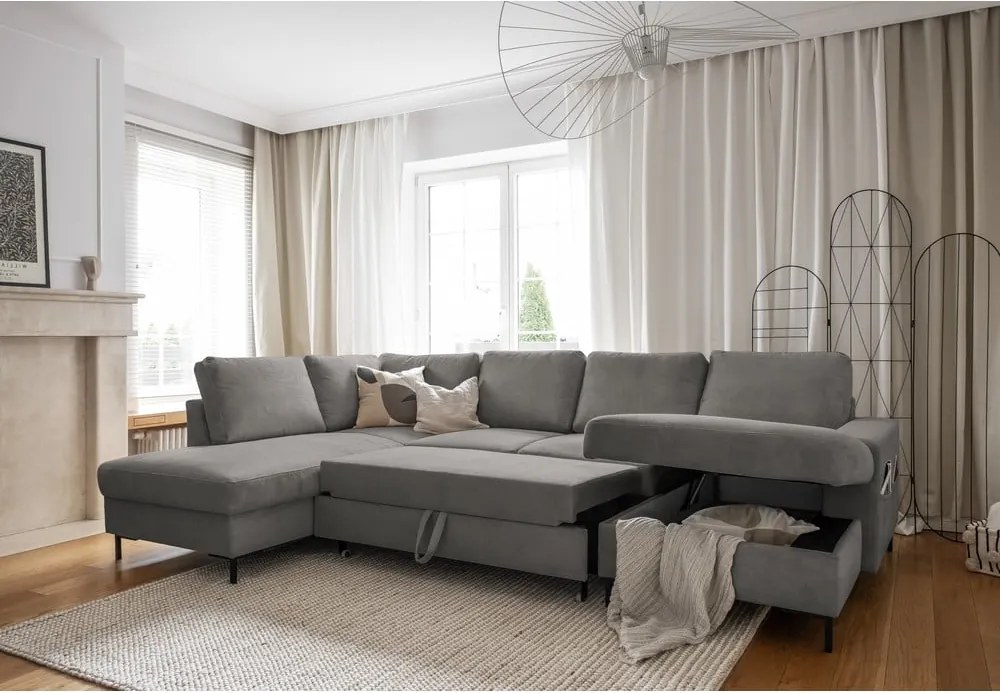 Divano letto in velluto a coste grigio (angolo sinistro) Lofty Lilly - Miuform