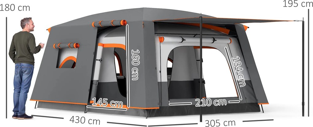 Tenda da Campeggio Impermeabile e UPF 30+ 430x305x195 cm per 4-6 Persone con 2 Stanze Grigio...