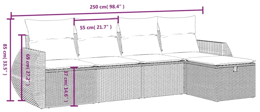 Set divani da giardino 5 pz con cuscini in polyrattan nero