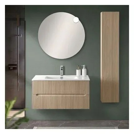 Mobile bagno sospeso cannettato 90 cm rovere chiaro con specchio Bali
