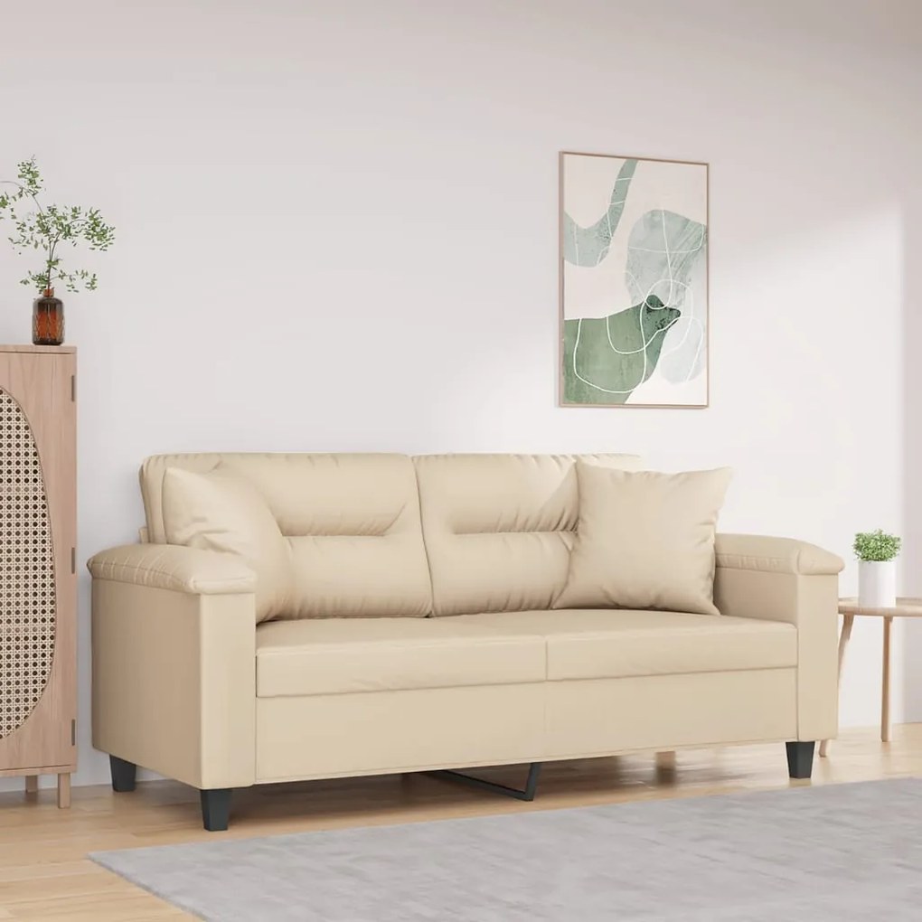 Divano A 2 Posti Con Cuscini Crema 140 Cm Tessuto Microfibra /