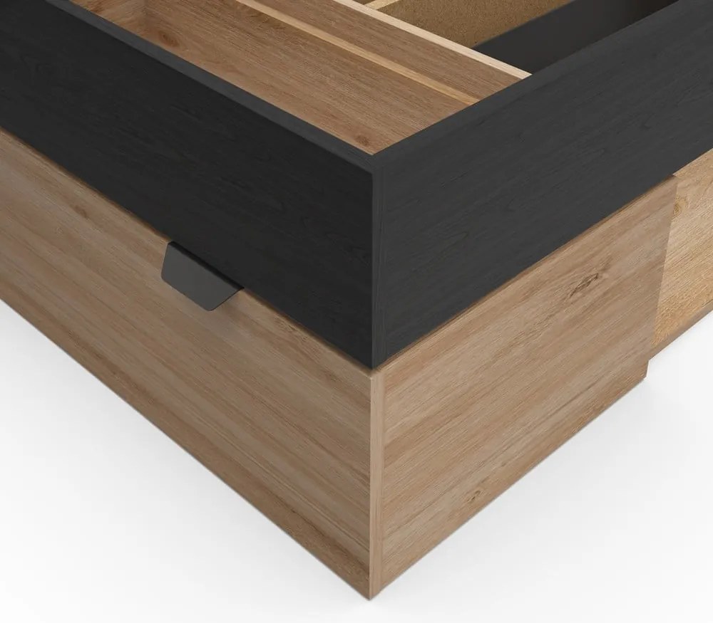 Letto singolo effetto rovere con contenitore senza griglia in colore nero-naturale 90x200 cm Albo - Marckeric