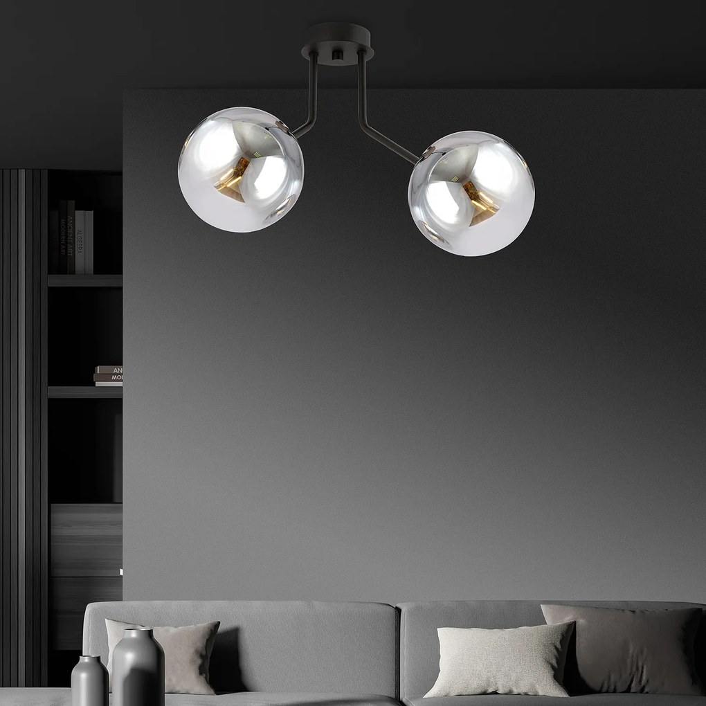 Plafoniera Moderna 2 Luci Orione In Acciaio Nero E Sfere Vetro Fumè