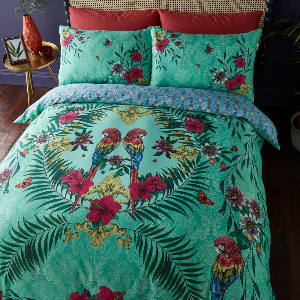 Set copripiumino e federa verde e blu in raso di cotone per letto matrimoniale 200x200 cm Paradise Parrot – Matthew Williamson