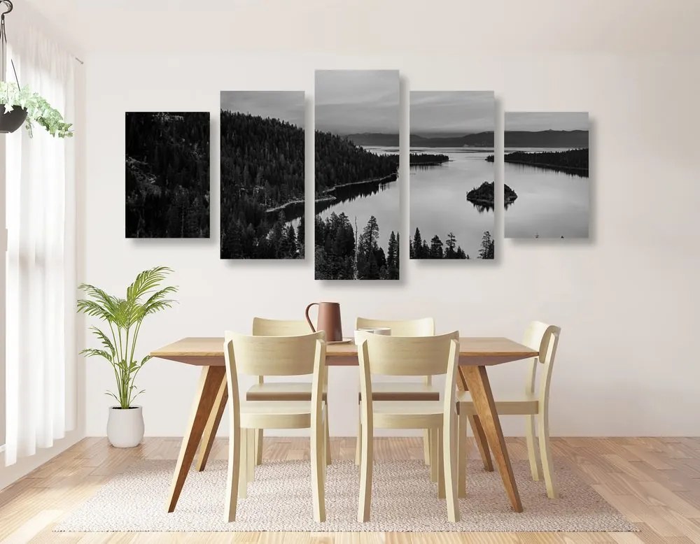 Quadri 5 pezzi – Lago al tramonto in bianco e nero