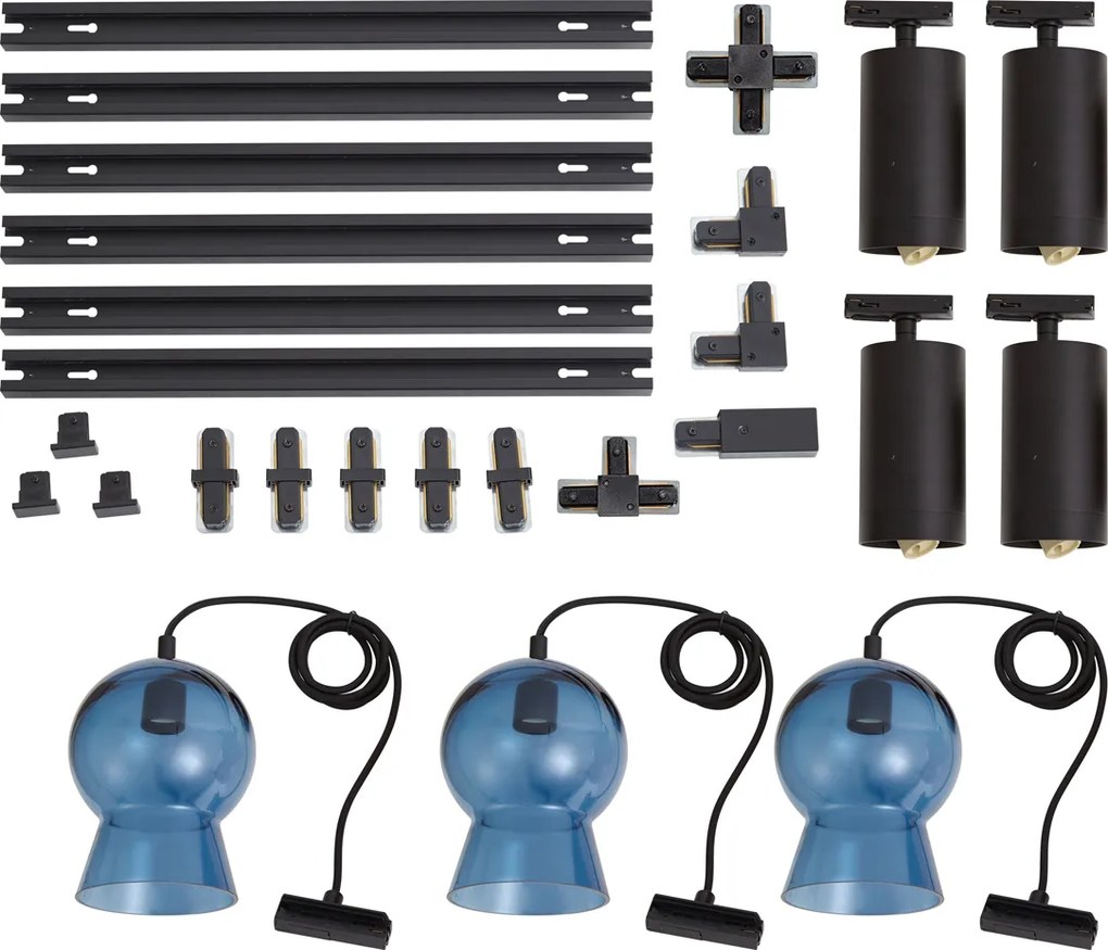 Sistema a binario moderno nero con 4 faretti e 3 lampade a sospensione blu monofase - Iconic Bell Jeana Luxe