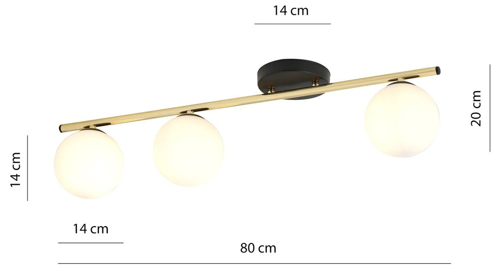 Plafoniera Contemporanea 3 Luci Monza In Acciaio Oro Nero E Sfere Vetro Bianco