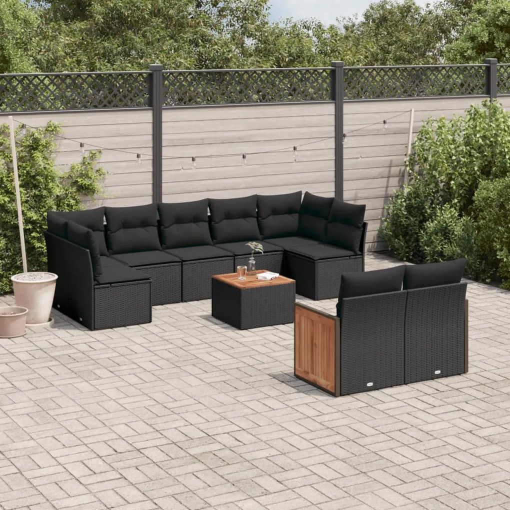 Set divani da giardino 10pz con cuscini in polyrattan nero