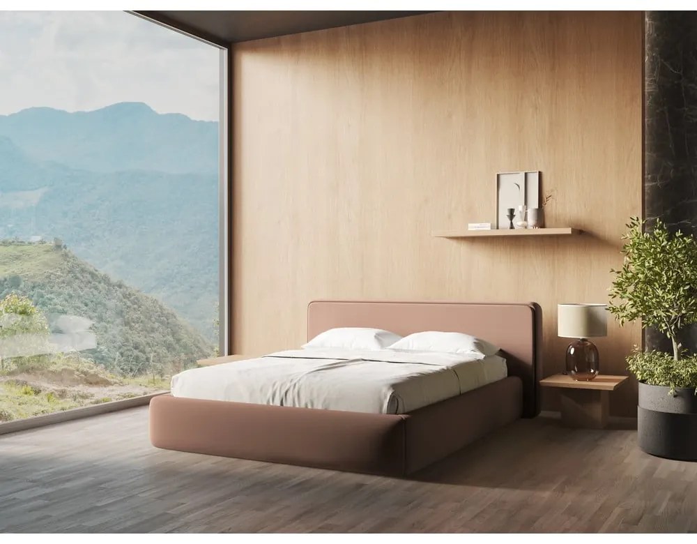 Letto matrimoniale imbottito rosa chiaro con contenitore con griglia 160x200 cm Kiana - Makamii