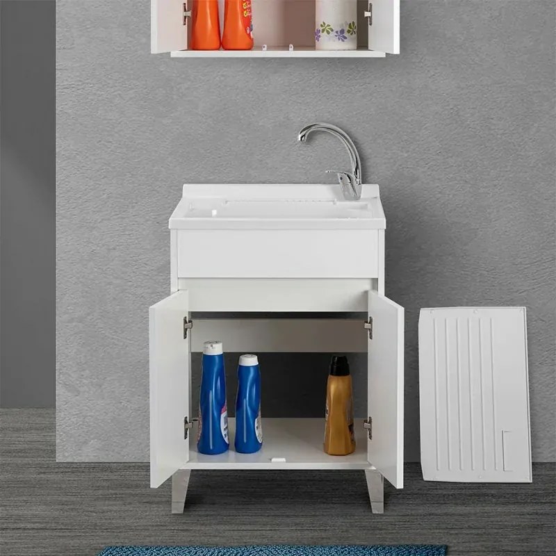 Mobile lavatoio 60x50 Way bianco lucido con vasca asse e kit scarico